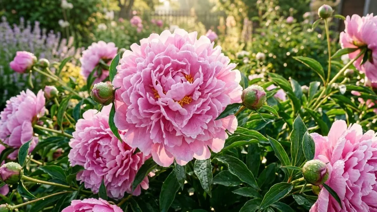 Peeacelily | Peonies: How to Grow, Plant, and Care for These Magnificent Flowers A lush garden bed filled with vibrant pink peony flowers in full bloom and green foliage under natural sunlight.