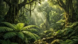Peeacelily | Rainforest Plants: A Guide to Tropical Species, Adaptations, and Growth Sunlight filtering through a dense green canopy illuminating lush rainforest plants