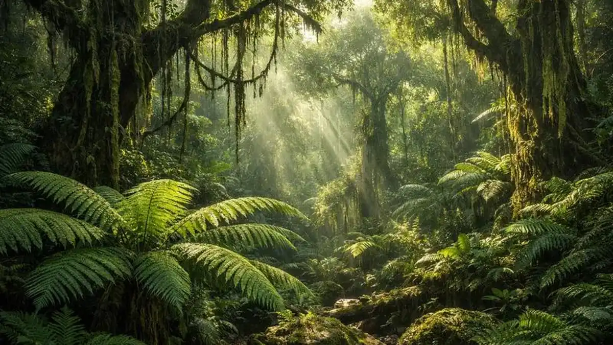 Peeacelily | Rainforest Plants: A Guide to Tropical Species, Adaptations, and Growth Sunlight filtering through a dense green canopy illuminating lush rainforest plants