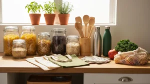 Peeacelily | How to Repurpose Household Items You Already Own Repurpose Household Items : Clean wooden kitchen counter arranged with reusable glass jars, wooden utensils, produce bags, and potted herbs.