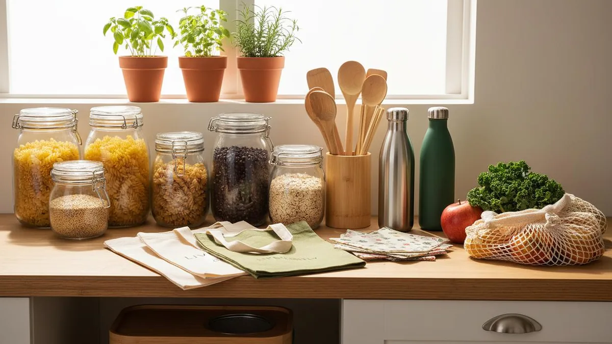Peeacelily | How to Repurpose Household Items You Already Own Repurpose Household Items : Clean wooden kitchen counter arranged with reusable glass jars, wooden utensils, produce bags, and potted herbs.