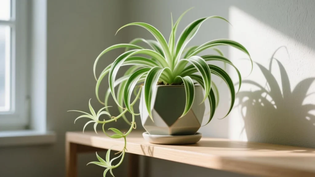 Healthy variegated spider plant in a geometric pot on a wooden shelf near natural window light