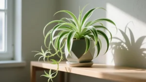 Healthy variegated spider plant in a geometric pot on a wooden shelf near natural window light