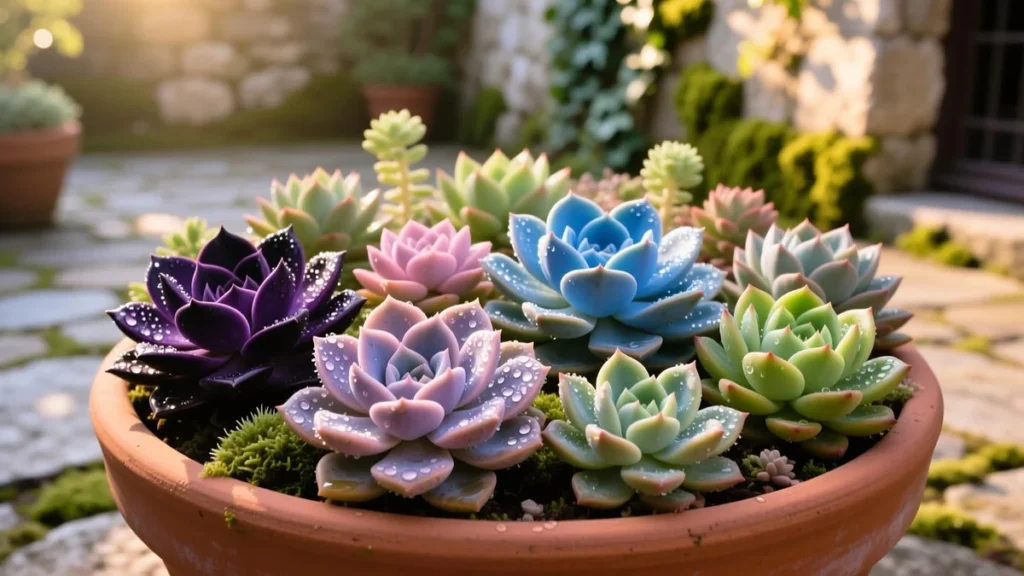 A vibrant arrangement of colorful succulent plants in a terracotta pot with water droplets on their leaves